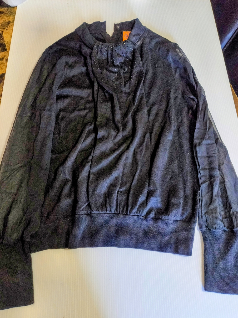 Tory Burch Black Crewneck Sweater With Beads And Shear Arms Sz M